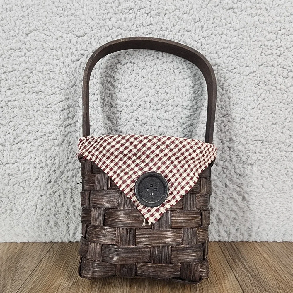 Vintage Woven Basket Espresso Brown Gingham Fabric Button Primitive Decor 9in